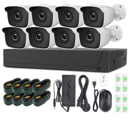 8 camera CCTV kit contents: cameras, recorder, cables, power adapter and mouse
