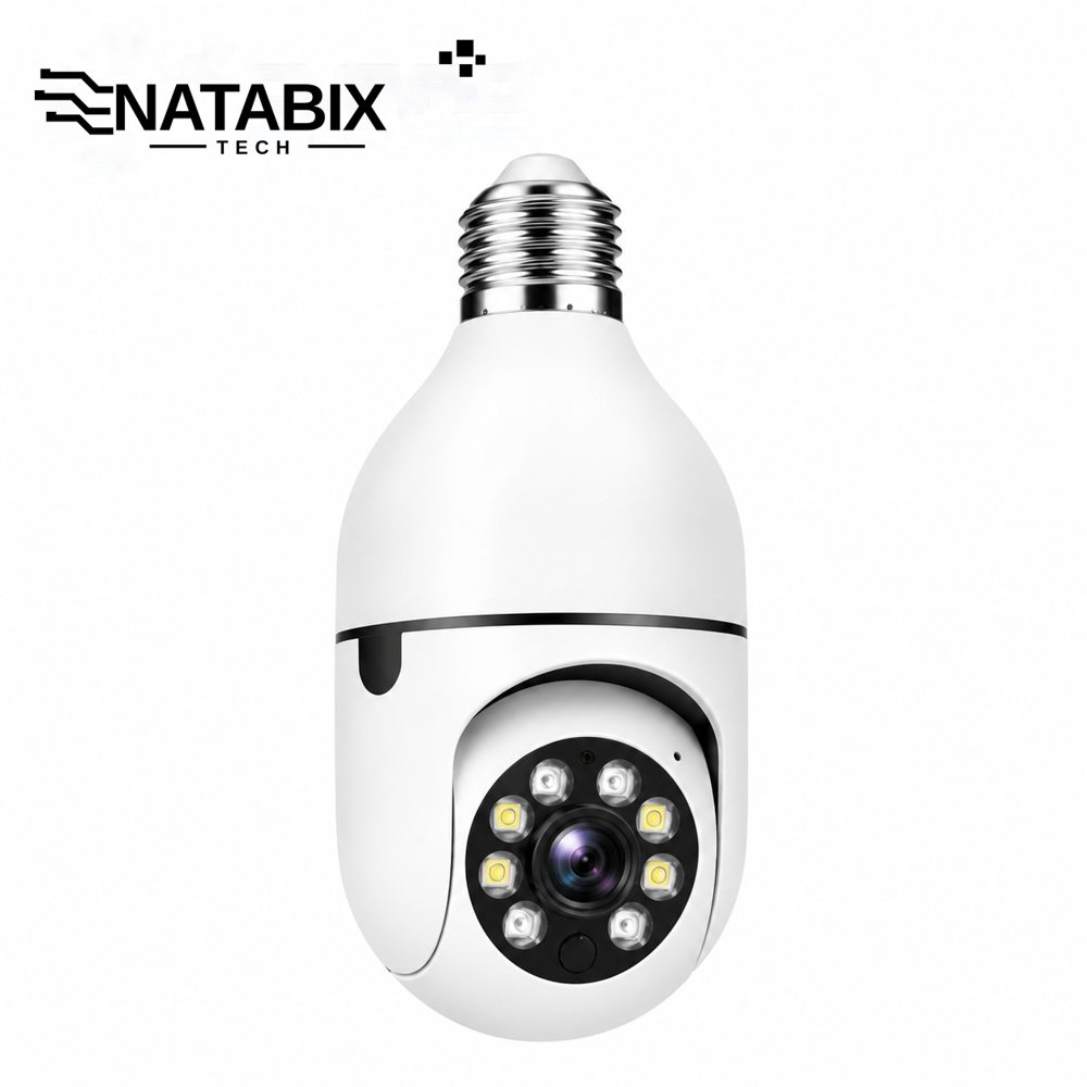 NATABIX TECH smart bulb camera, front view with LED lights and lens