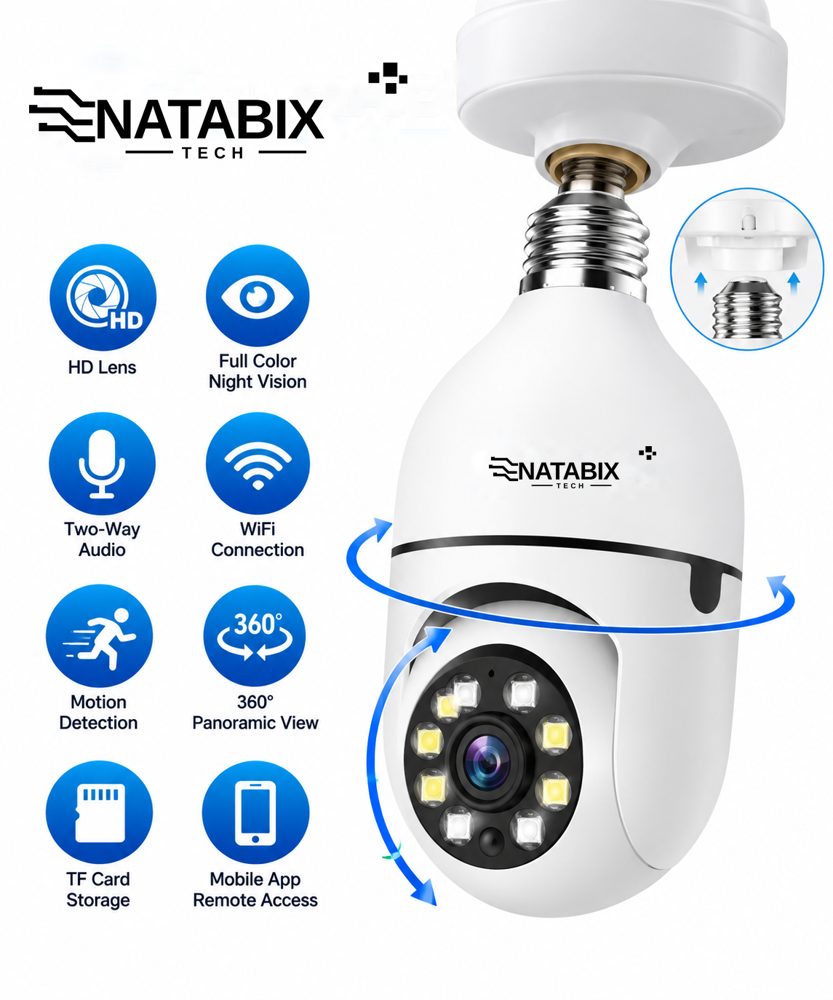 NATABIX TECH smart bulb camera features: HD, night vision, two-way audio, WiFi, motion detection