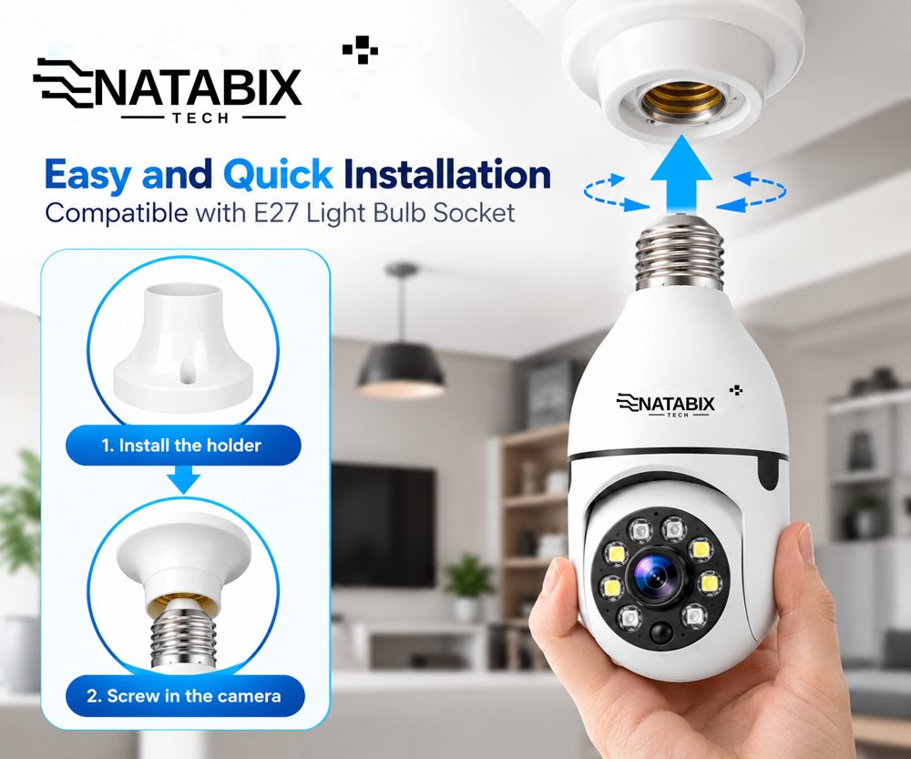 NATABIX TECH smart bulb camera, easy E27 socket installation