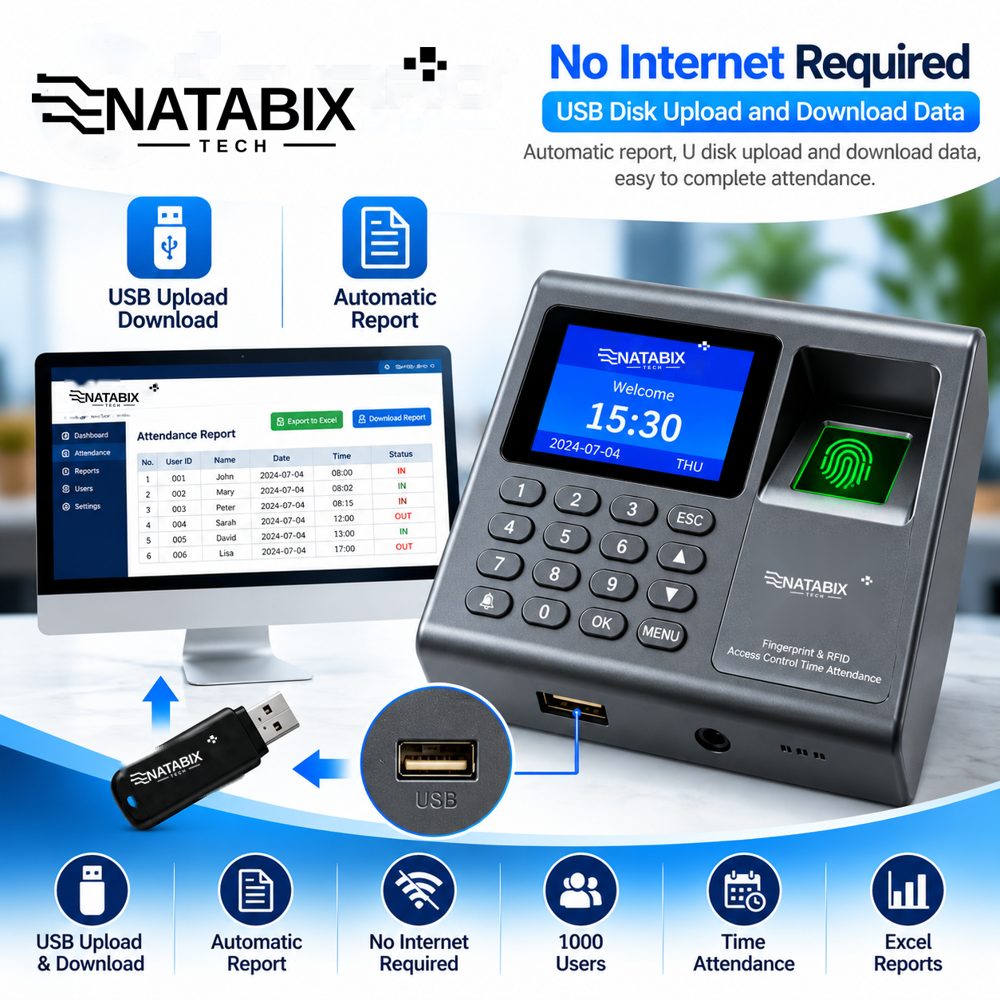 NATABIX TECH fingerprint attendance machine: no internet required, USB upload and download