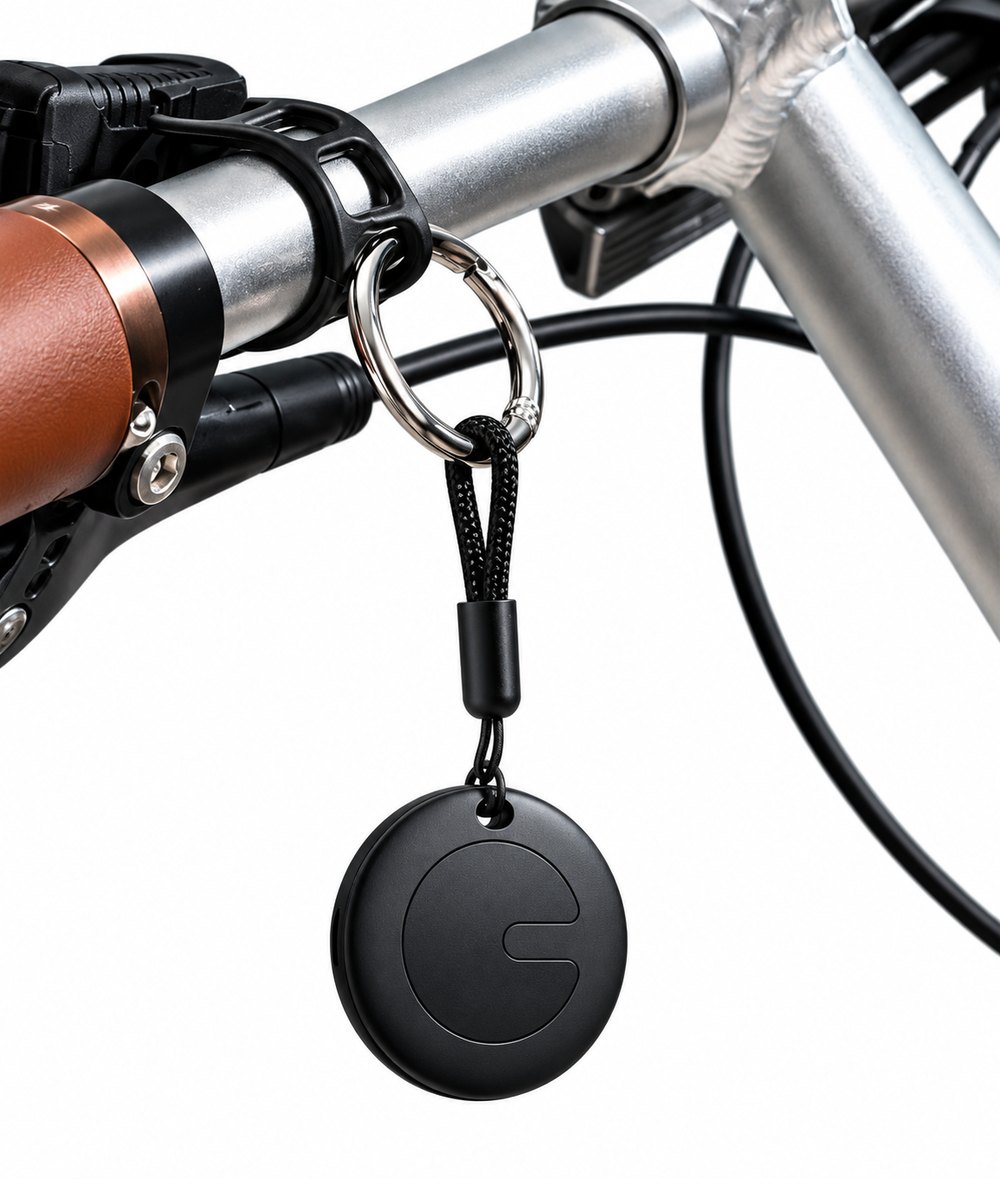 Mitag tracker hanging from a bike handlebar