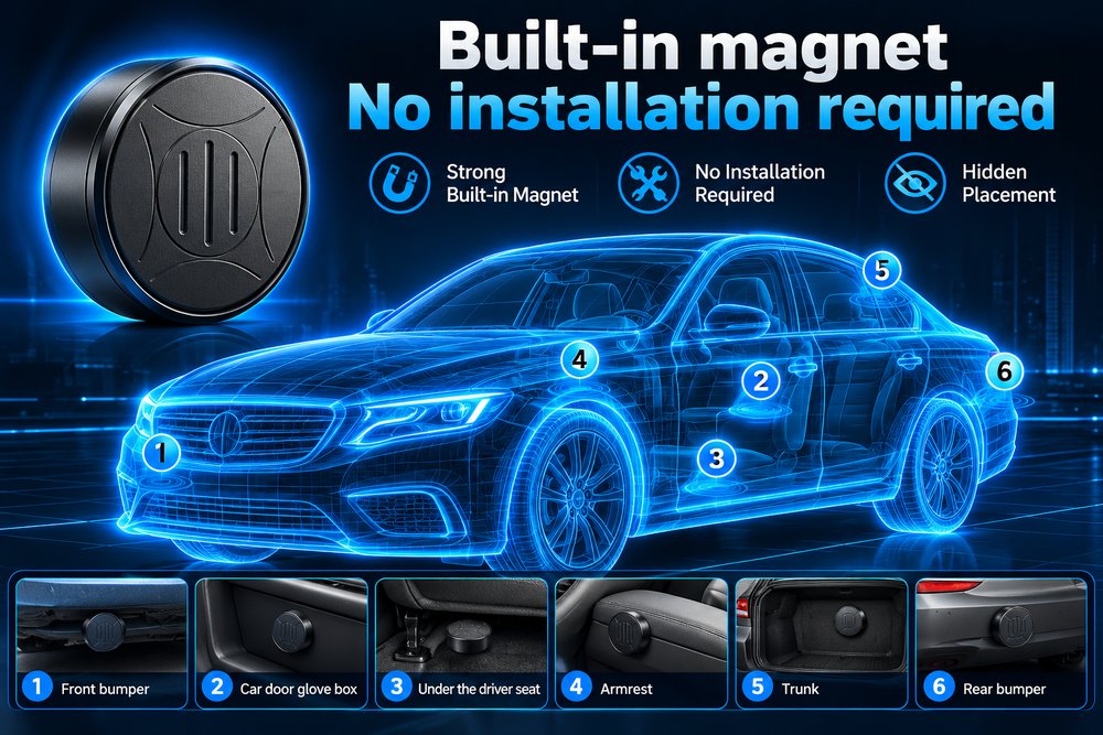Built-in magnet, no installation required: hidden placement on a vehicle